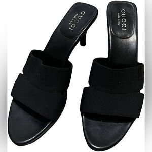 Vintage Gucci Black Leather Elastic Double Strap Slip On  Sandal Heels